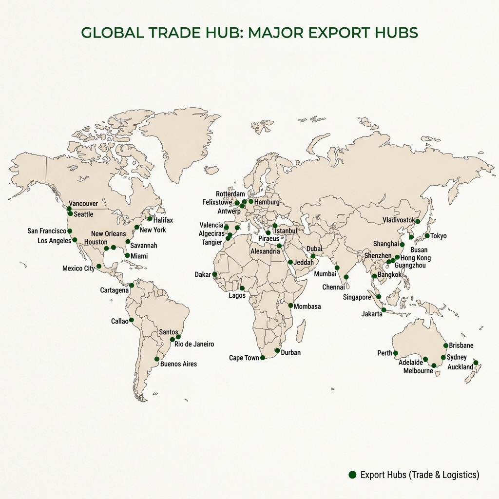 World map showing Global Trade Hub tamarind export markets